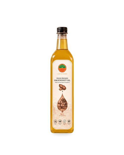 Wood-Pressed Groundnut Oil 1 litre bottle on a white background