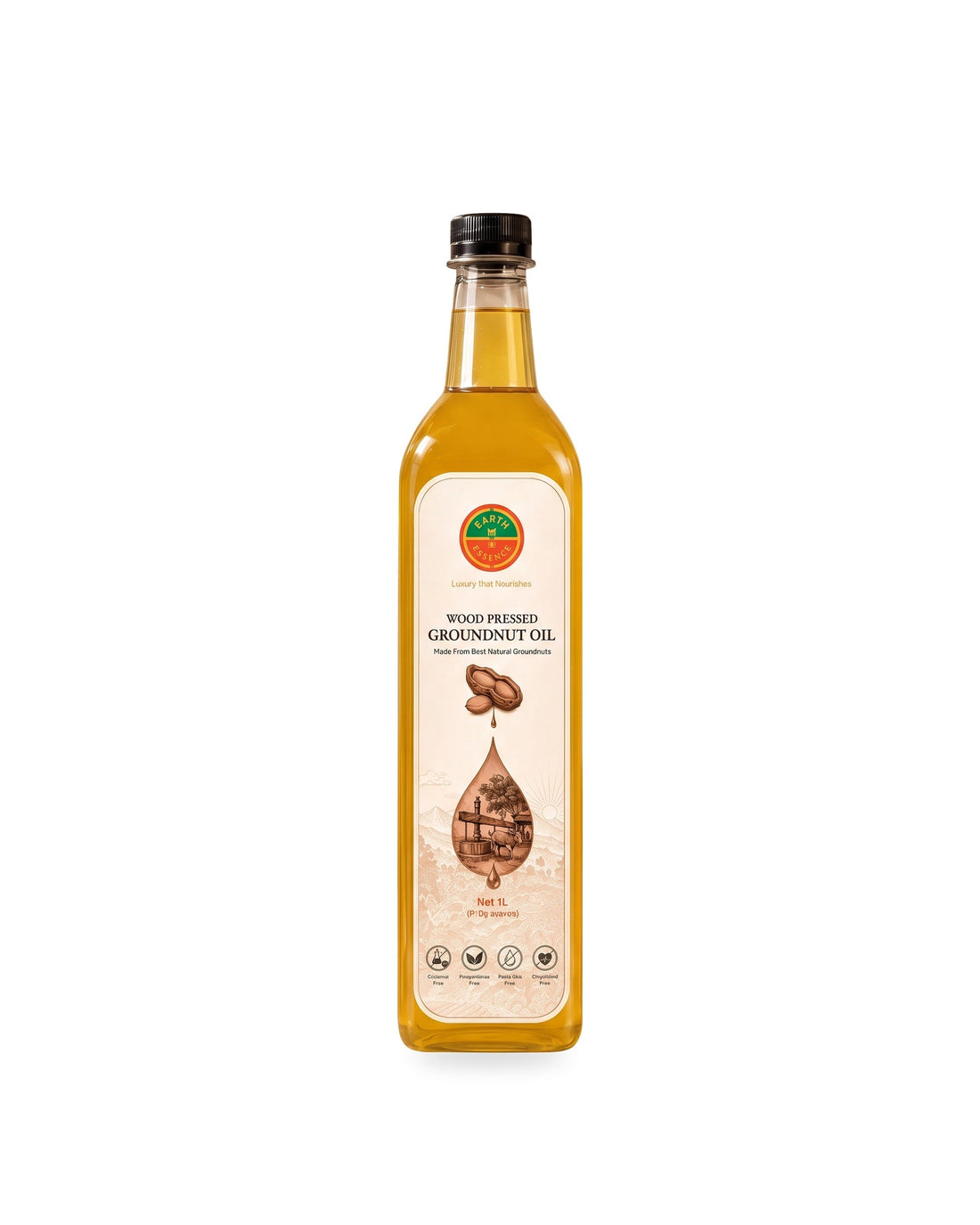 Wood-Pressed Groundnut Oil 1 litre bottle on a white background