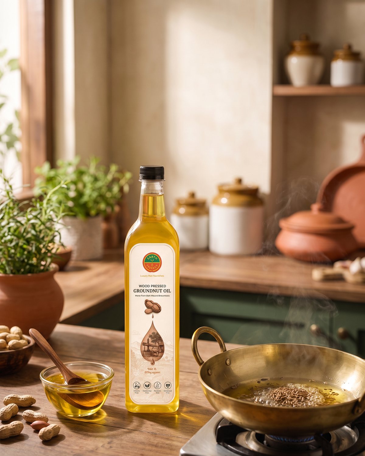 Wood-Pressed Groundnut Oil in a home kitchen